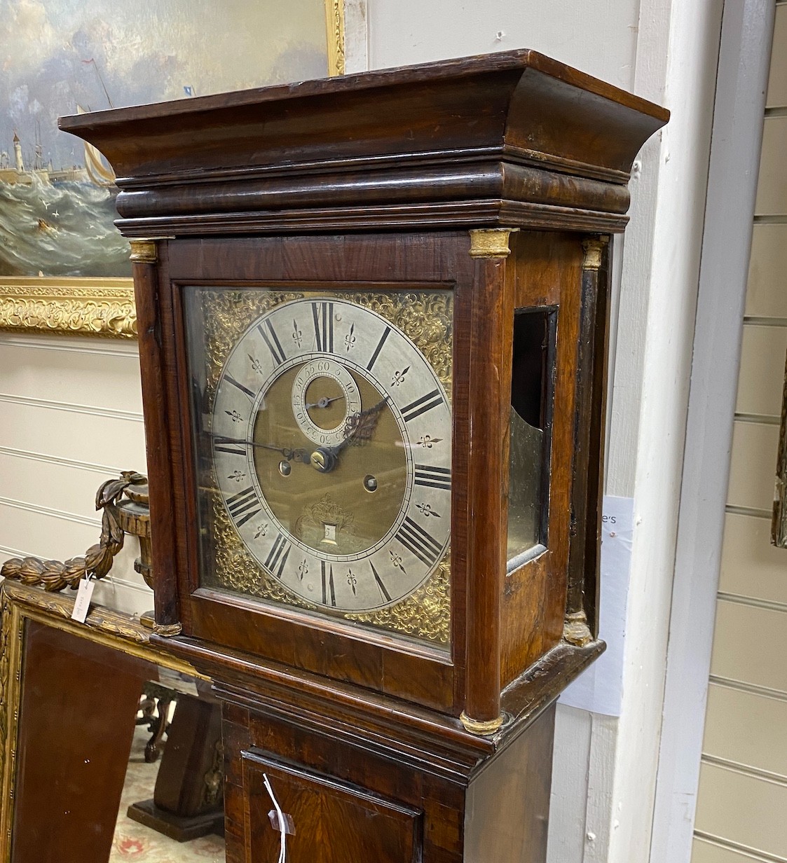 A late 18th century walnut 8 day longcase clock, pendulum incomplete, height 182cm